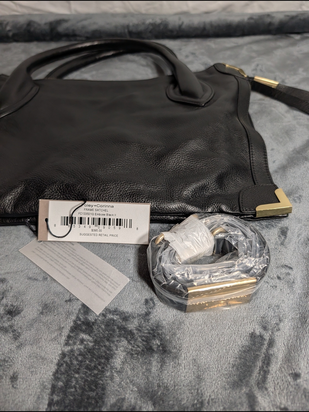 Foley + Corinna Black Leather Shoulder Tote with Gold-Tone Accents